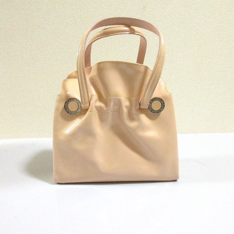 Good Bvlgari Twist Leather Circle Logo Handbag Pink Beige Ladies Used
