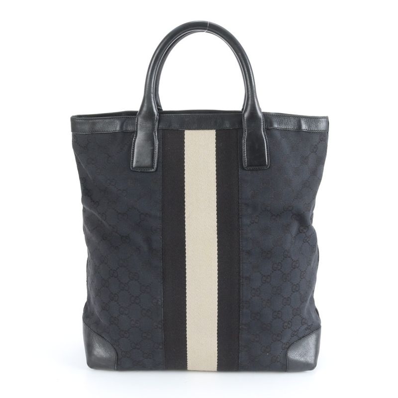 Gucci GG Canvas Sherry Line 002-1093 Leather Tote Bag Black A4 Men Ladies ERM