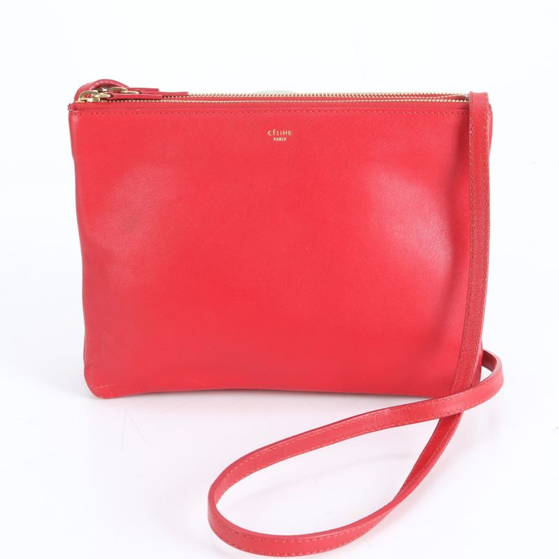Celine Trio Red Leather Shoulder Bag Crossbody Hand Genuine Leather Women's RRM