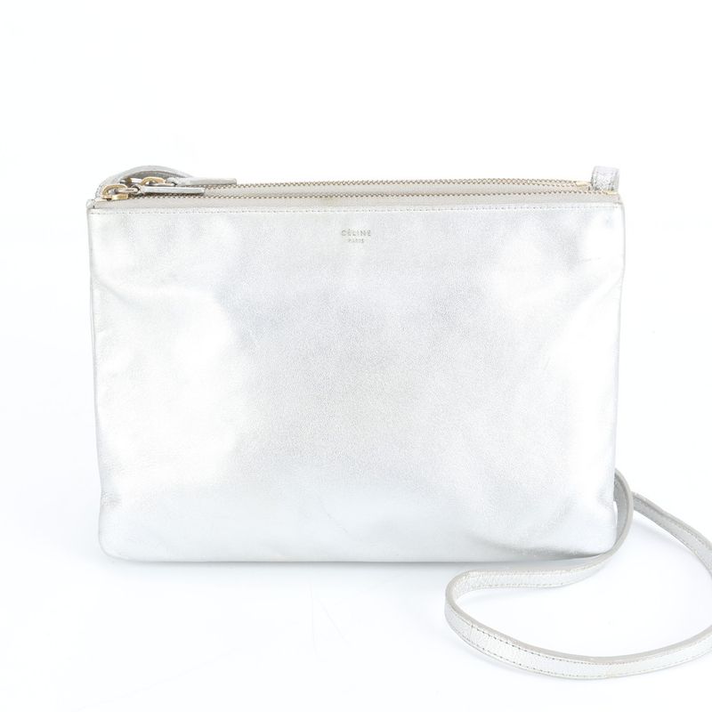 Celine Trio Leather Shoulder Bag Crossbody Hand Tote Silver Women ERM Da7-9