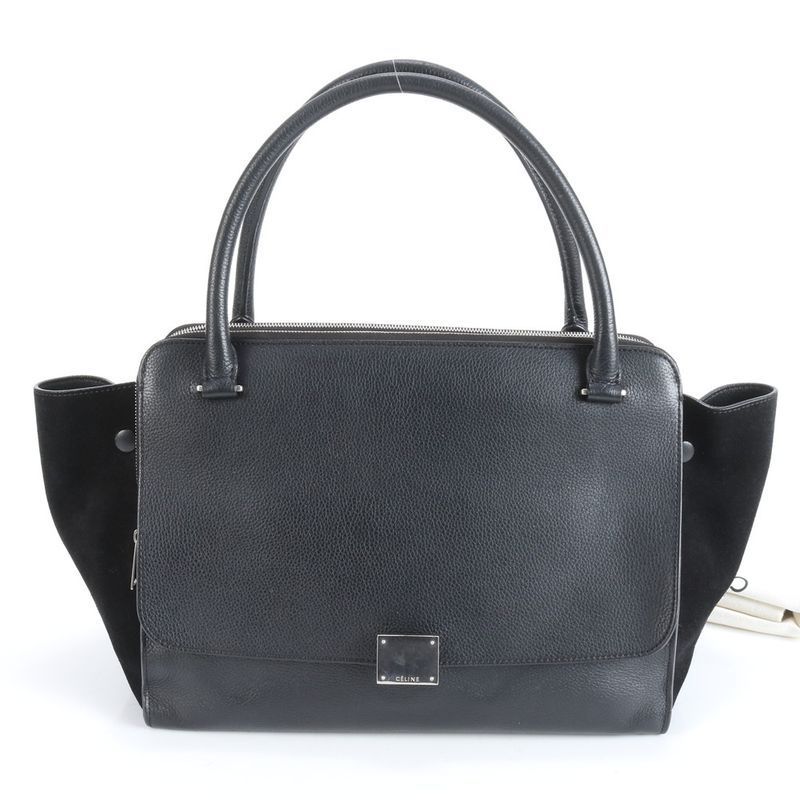 Celine Double Zipper Leather Tote Bag Shoulder Hand Genuine Leather Black A4