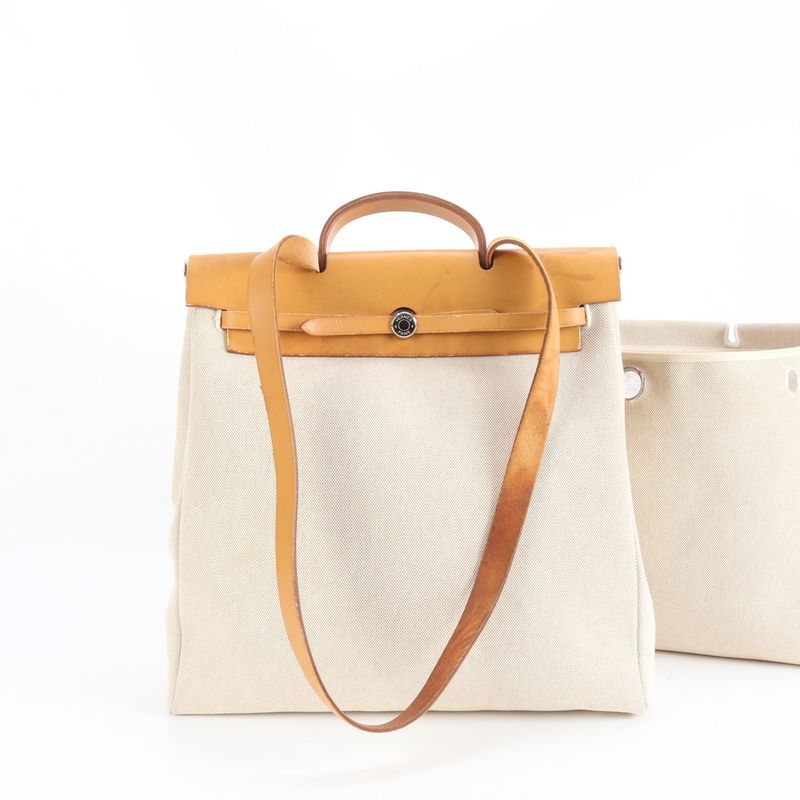 Hermes □G Mark Herbag  MM Toile Ash Leather 2WAY Shoulder Bag Tote A4 Men