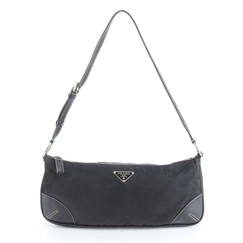 Prada Tessuto Nylon Triangle Logo Leather Shoulder Bag Shoulder Hand Black