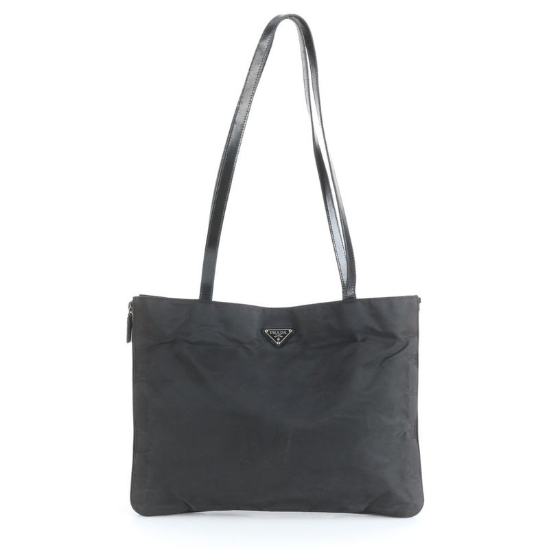 Prada Tessuto Nylon Triangle Logo Leather Tote Bag Shoulder Hand Black Women