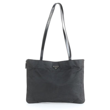Prada Tessuto Nylon Triangle Logo Leather Tote Bag Shoulder Hand Black Women