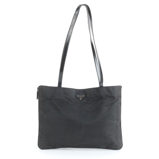 Prada Tessuto Nylon Triangle Logo Leather Tote Bag Shoulder Hand Black Women