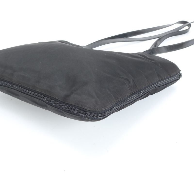 Prada Tessuto Nylon Triangle Logo Leather Tote Bag Shoulder Hand Black Women