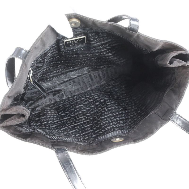 Prada Tessuto Nylon Triangle Logo Leather Tote Bag Shoulder Hand Black Women
