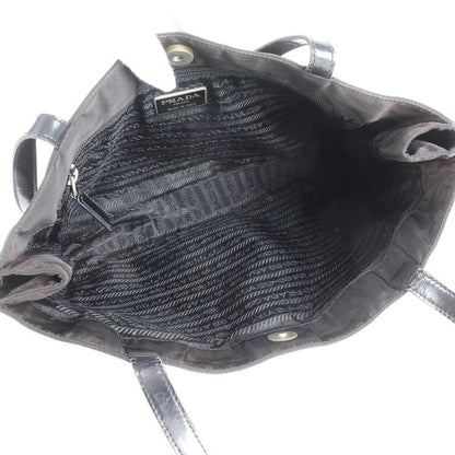 Prada Tessuto Nylon Triangle Logo Leather Tote Bag Shoulder Hand Black Women