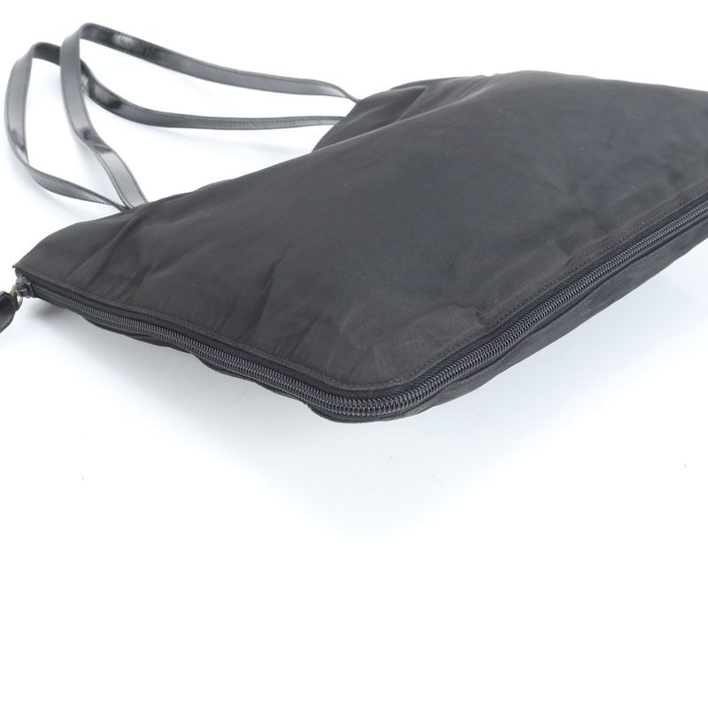 Prada Tessuto Nylon Triangle Logo Leather Tote Bag Shoulder Hand Black Women