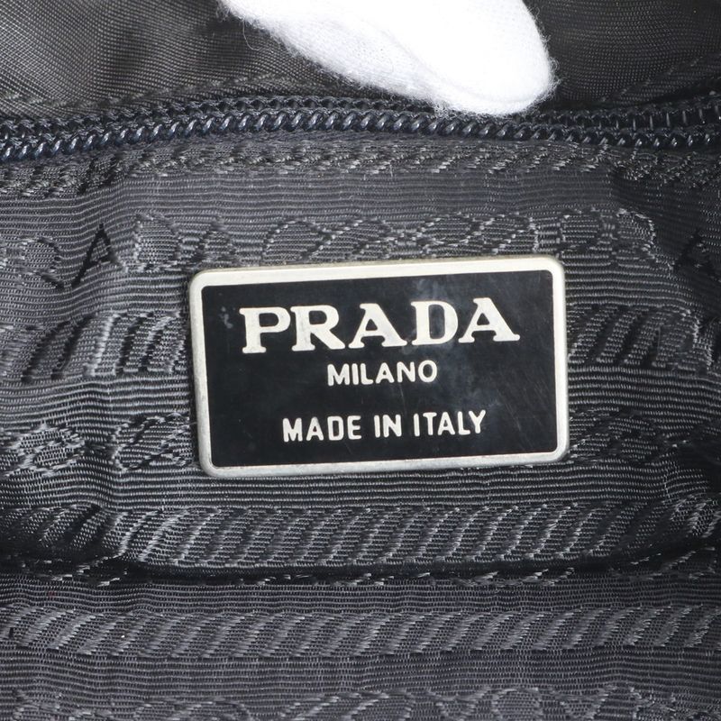 Prada Tessuto Nylon Triangle Logo Leather Tote Bag Shoulder Hand Black Women