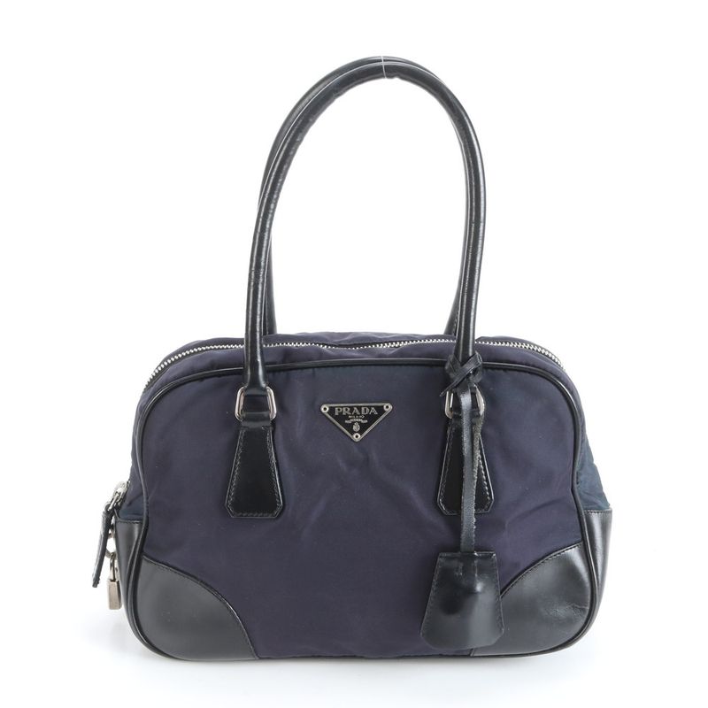 Prada Tessuto Nylon Triangle Logo Leather Handbag Tote Genuine Leather Navy