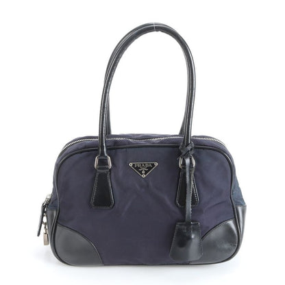 Prada Tessuto Nylon Triangle Logo Leather Handbag Tote Genuine Leather Navy