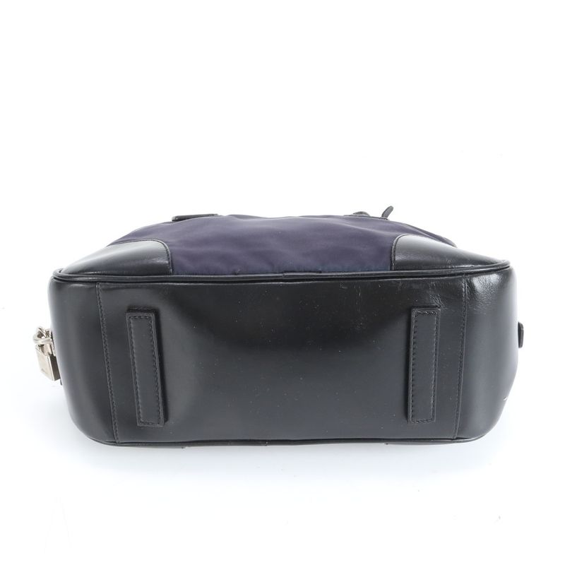 Prada Tessuto Nylon Triangle Logo Leather Handbag Tote Genuine Leather Navy