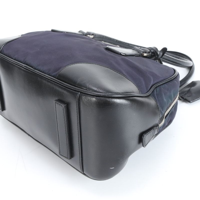 Prada Tessuto Nylon Triangle Logo Leather Handbag Tote Genuine Leather Navy