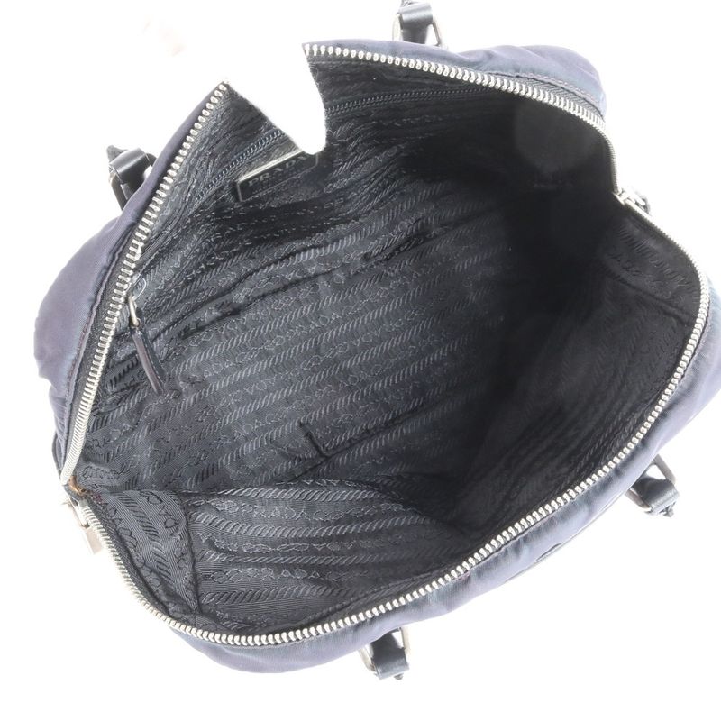 Prada Tessuto Nylon Triangle Logo Leather Handbag Tote Genuine Leather Navy