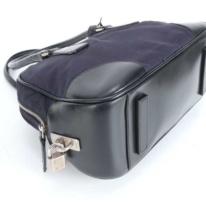 Prada Tessuto Nylon Triangle Logo Leather Handbag Tote Genuine Leather Navy