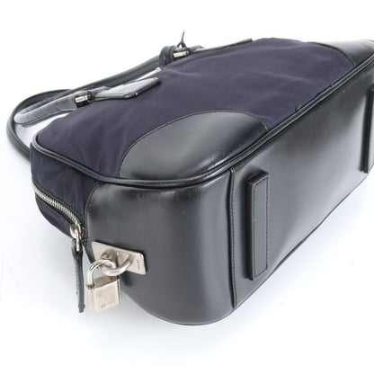 Prada Tessuto Nylon Triangle Logo Leather Handbag Tote Genuine Leather Navy