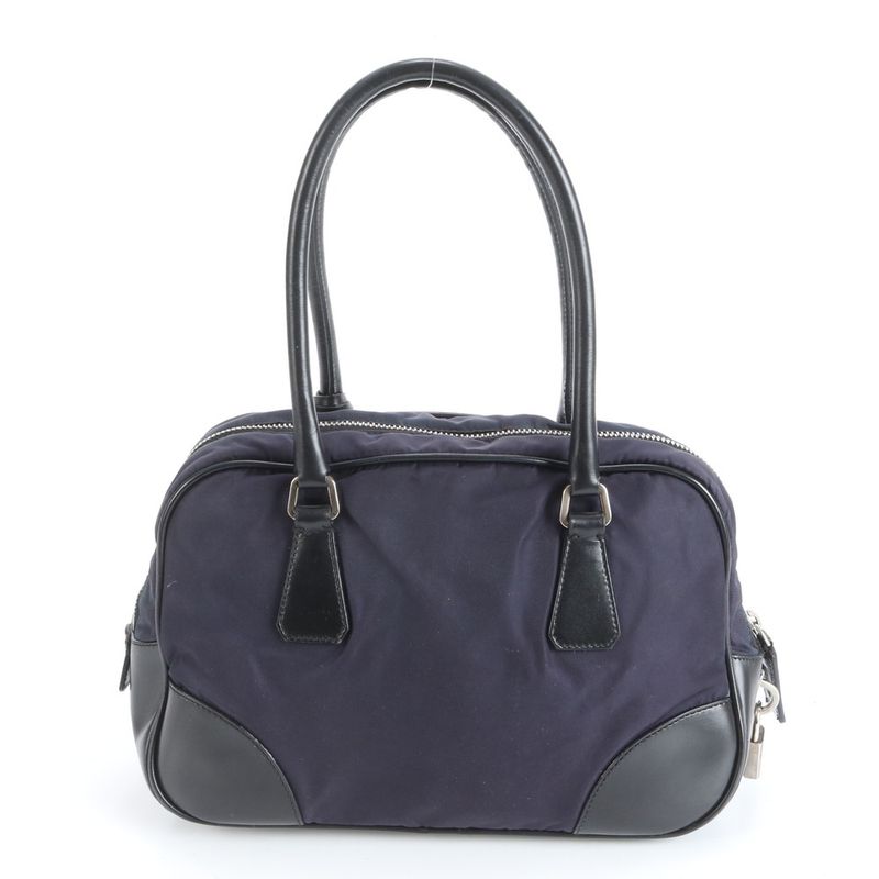 Prada Tessuto Nylon Triangle Logo Leather Handbag Tote Genuine Leather Navy