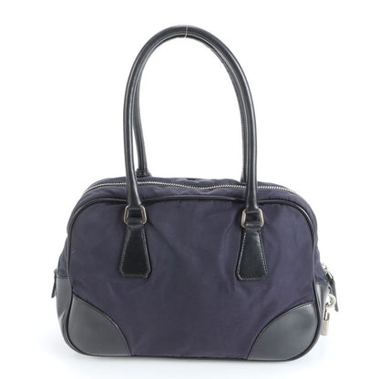 Prada Tessuto Nylon Triangle Logo Leather Handbag Tote Genuine Leather Navy