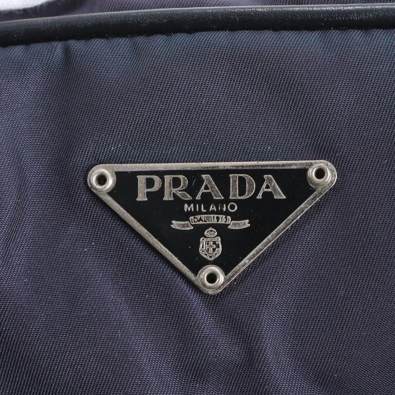 Prada Tessuto Nylon Triangle Logo Leather Handbag Tote Genuine Leather Navy