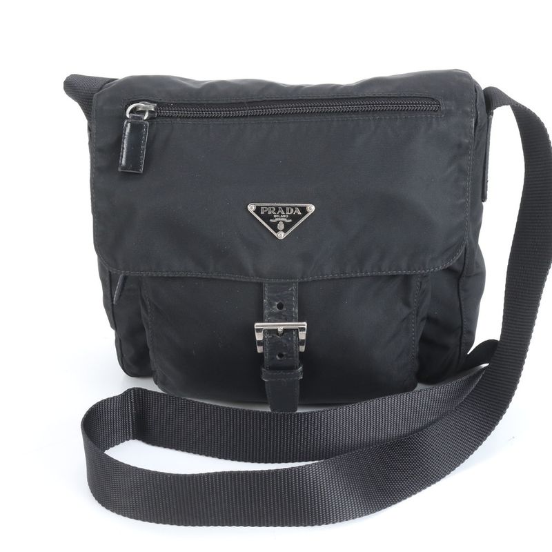 Prada Tessuto Nylon Triangle Logo Leather Shoulder Bag Messenger Black Men