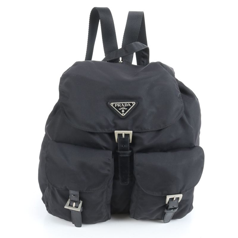 Prada Tessuto Nylon Triangle Logo Leather Backpack Sac Shoulder Bag Black Women