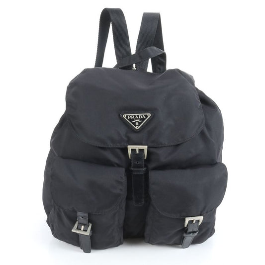 Prada Tessuto Nylon Triangle Logo Leather Backpack Sac Shoulder Bag Black Women