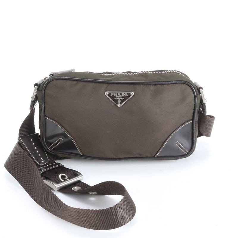 Prada Tessuto Nylon Triangle Logo Leather Shoulder Bag Crossbody Hand Brown