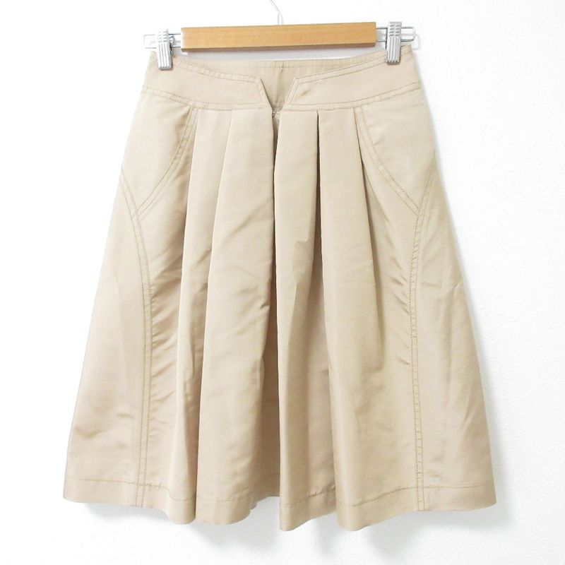 Celine Silk Knee Length Flared Tucked Skirt Size 38 Beige Ladies Used