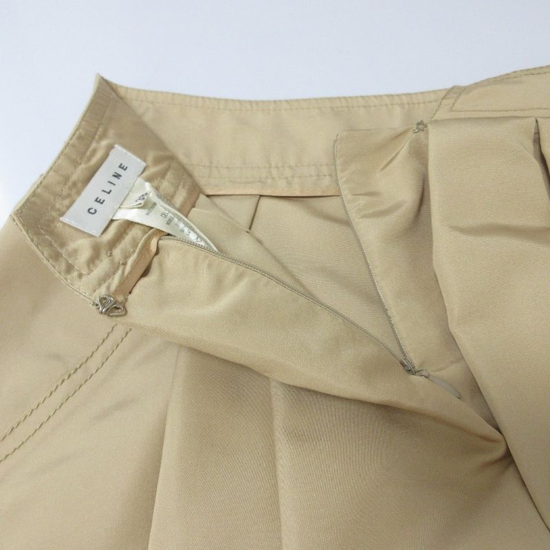 Celine Silk Knee Length Flared Tucked Skirt Size 38 Beige Ladies Used
