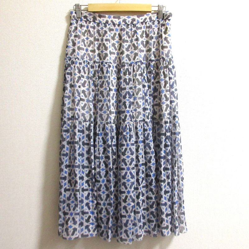 Prada Silk Geometric Print Sheer Long Flared Skirt Size 40s Blue Women's Used