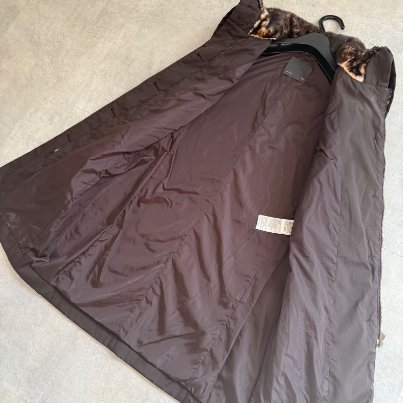 Fendi Nylon Silk Real Fur Coat Chester Coat Hooded Coat Brown 38 Women's M Size