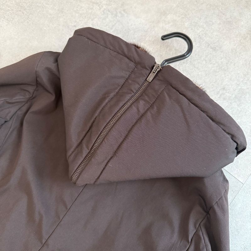 Fendi Nylon Silk Real Fur Coat Chester Coat Hooded Coat Brown 38 Women's M Size