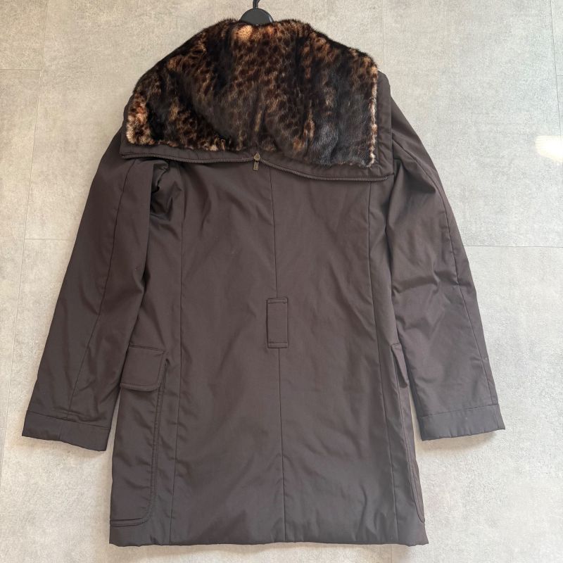 Fendi Nylon Silk Real Fur Coat Chester Coat Hooded Coat Brown 38 Women's M Size