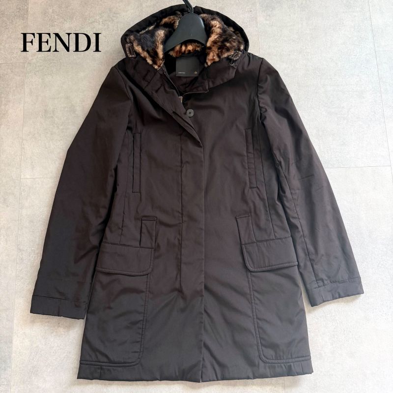 Fendi Nylon Silk Real Fur Coat Chester Coat Hooded Coat Brown 38 Women's M Size