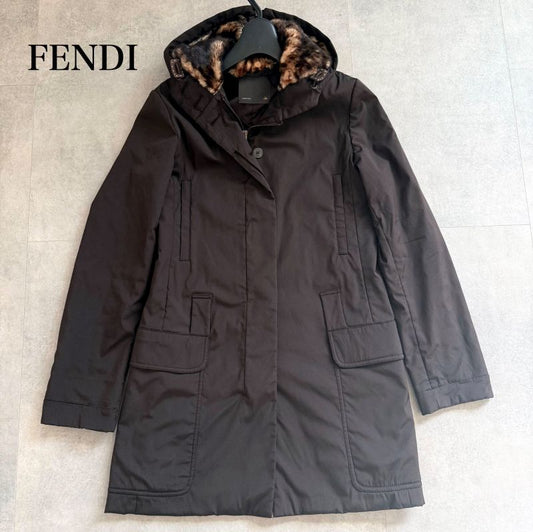 Fendi Nylon Silk Real Fur Coat Chester Coat Hooded Coat Brown 38 Women's M Size