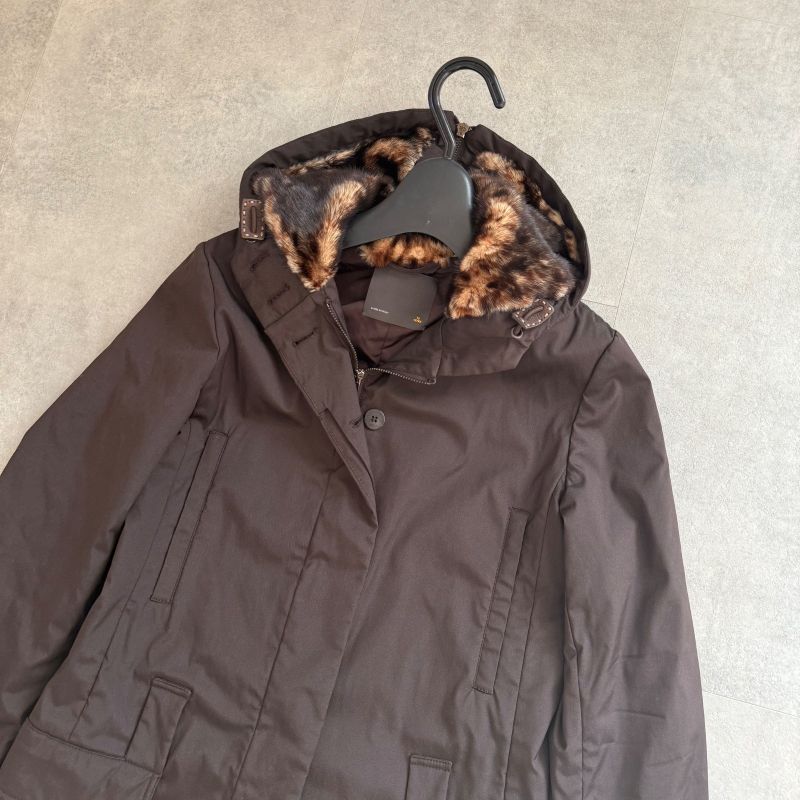 Fendi Nylon Silk Real Fur Coat Chester Coat Hooded Coat Brown 38 Women's M Size