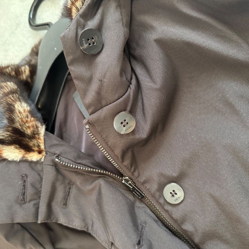 Fendi Nylon Silk Real Fur Coat Chester Coat Hooded Coat Brown 38 Women's M Size