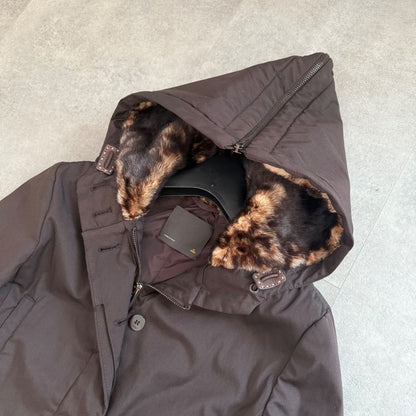 Fendi Nylon Silk Real Fur Coat Chester Coat Hooded Coat Brown 38 Women's M Size