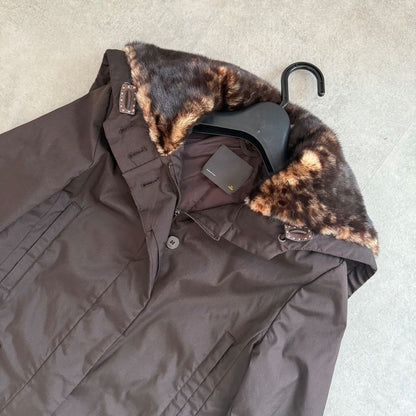 Fendi Nylon Silk Real Fur Coat Chester Coat Hooded Coat Brown 38 Women's M Size