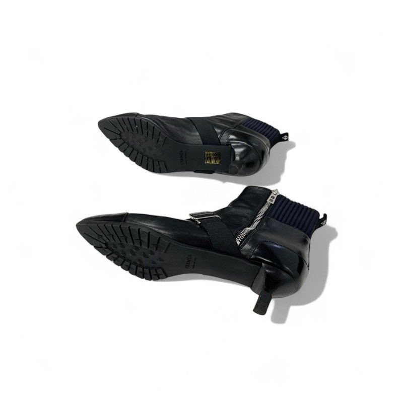 Hermes Shocky Boots Short Boots Shoes Leather Fabric Black Silver Chaine