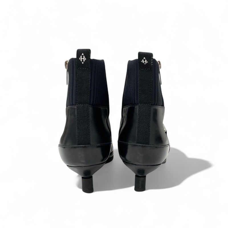 Hermes Shocky Boots Short Boots Shoes Leather Fabric Black Silver Chaine