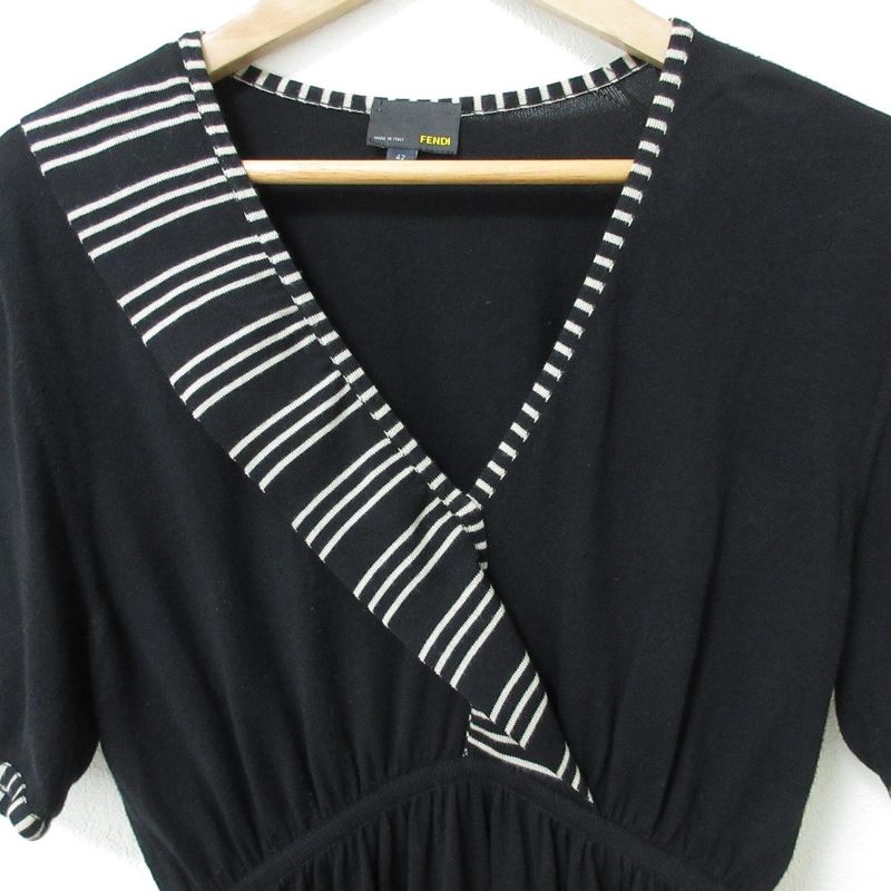 Good Fendi Striped Waist Gathering Short Sleeve Knit Flare Dress Size 42 Black