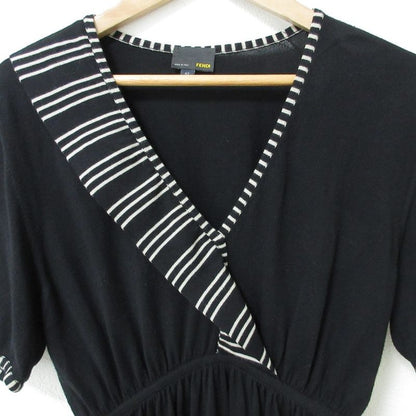 Good Fendi Striped Waist Gathering Short Sleeve Knit Flare Dress Size 42 Black