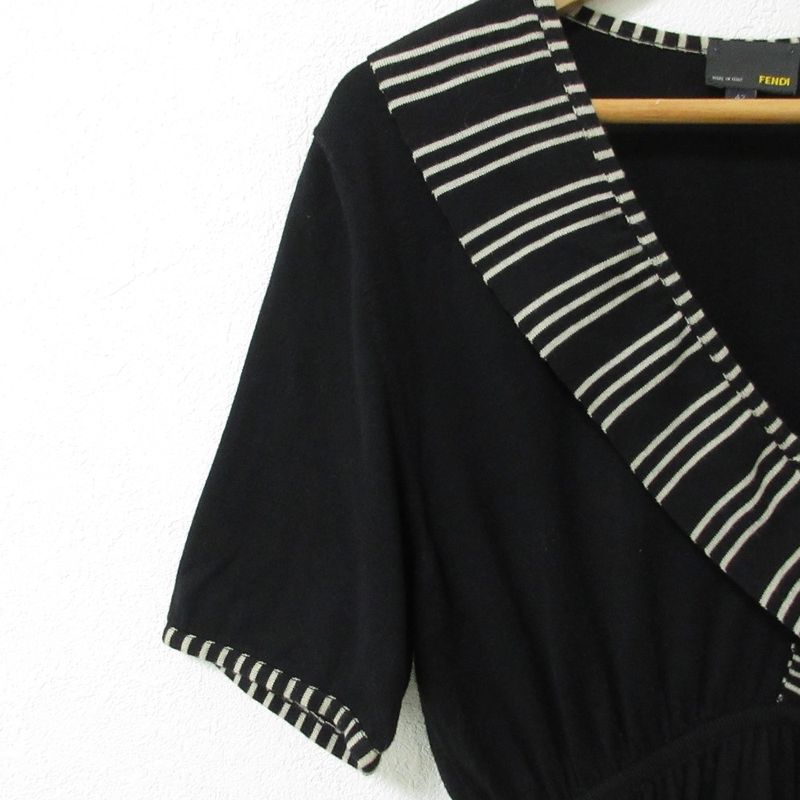 Good Fendi Striped Waist Gathering Short Sleeve Knit Flare Dress Size 42 Black