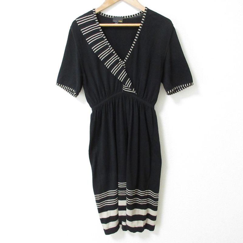 Good Fendi Striped Waist Gathering Short Sleeve Knit Flare Dress Size 42 Black