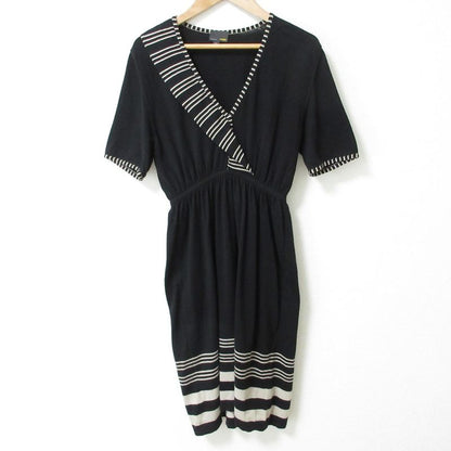 Good Fendi Striped Waist Gathering Short Sleeve Knit Flare Dress Size 42 Black