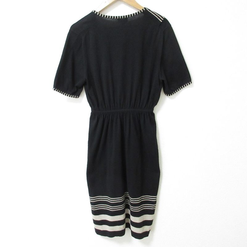 Good Fendi Striped Waist Gathering Short Sleeve Knit Flare Dress Size 42 Black