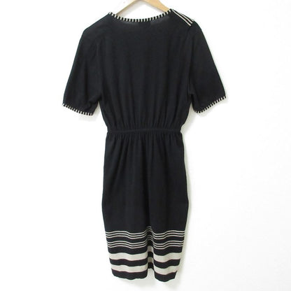 Good Fendi Striped Waist Gathering Short Sleeve Knit Flare Dress Size 42 Black